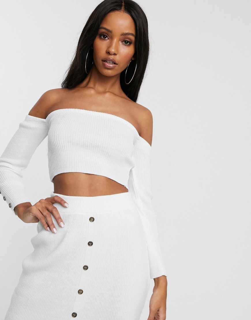 Fashionkilla knitted long sleeve bandeau crop top with buttons co ord in white