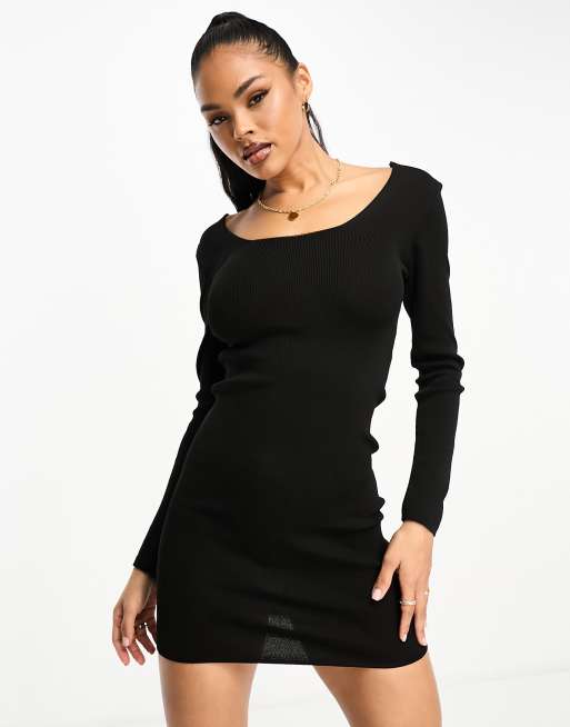 Black Rib Split Hem Square Neck Long Sleeve Bodycon Dress