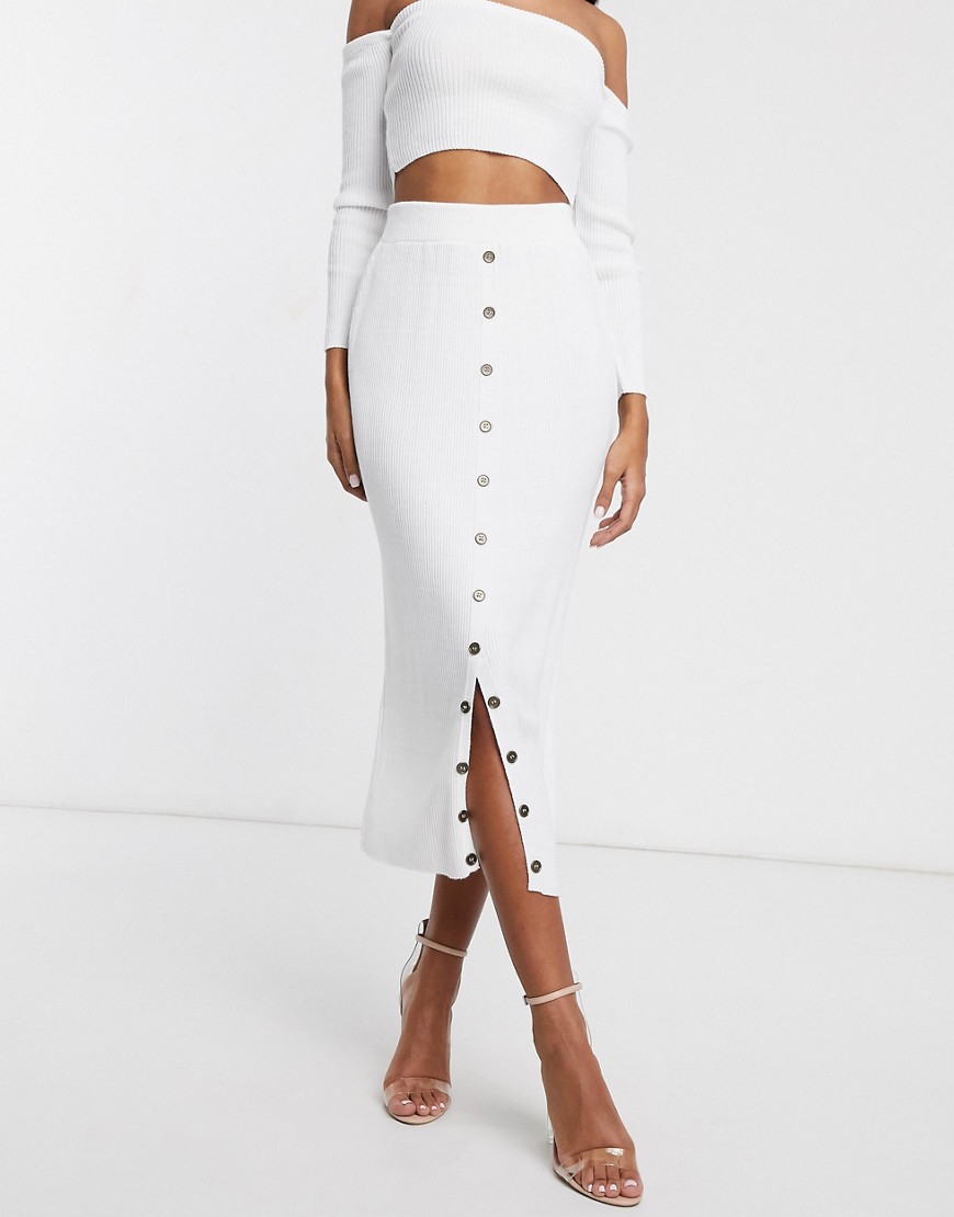 Fashionkilla knitted midi bodycon skirt with buttons co ord in white