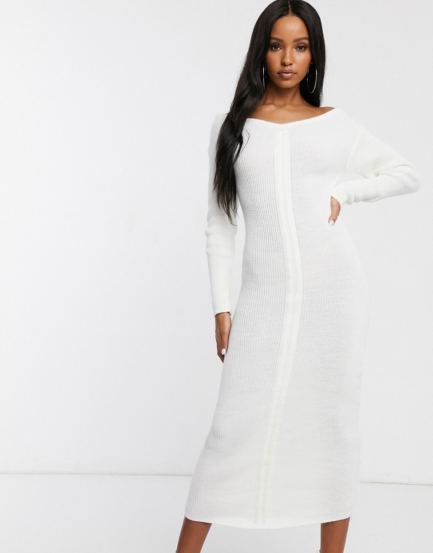 Fashionkilla knitted off shoulder midi dress in ivory-Cream