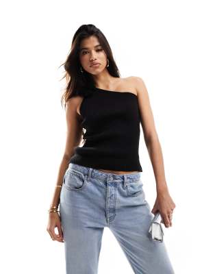 knitted one shoulder corsage detail top in black