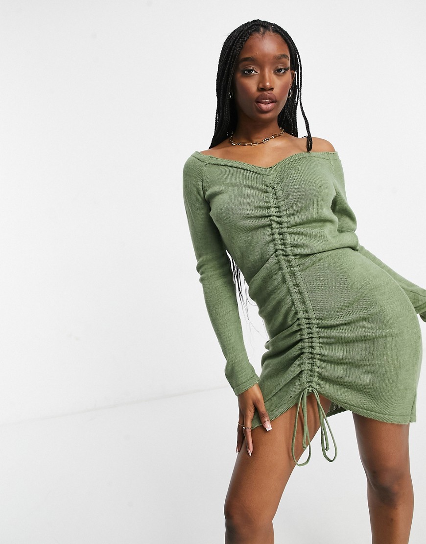 Fashionkilla knitted ruched detail off-the-shoulder dress in khaki-Neutral