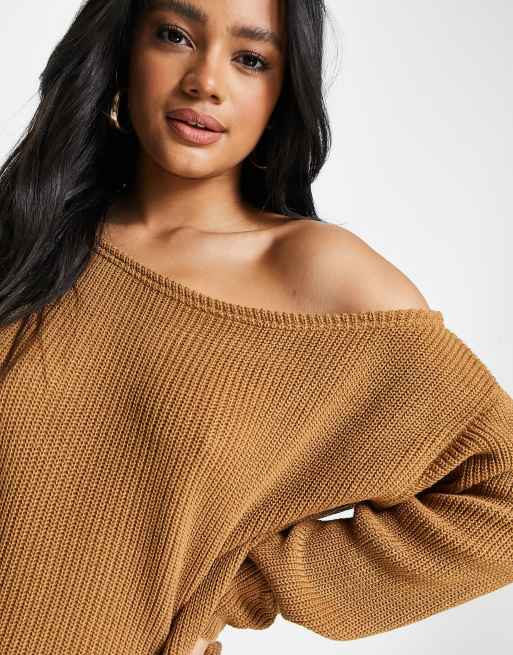 Fashionkilla knitted slouchy off shoulder jumper dress in brown ASOS