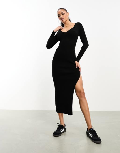 Black long sleeve dress with side split hotsell