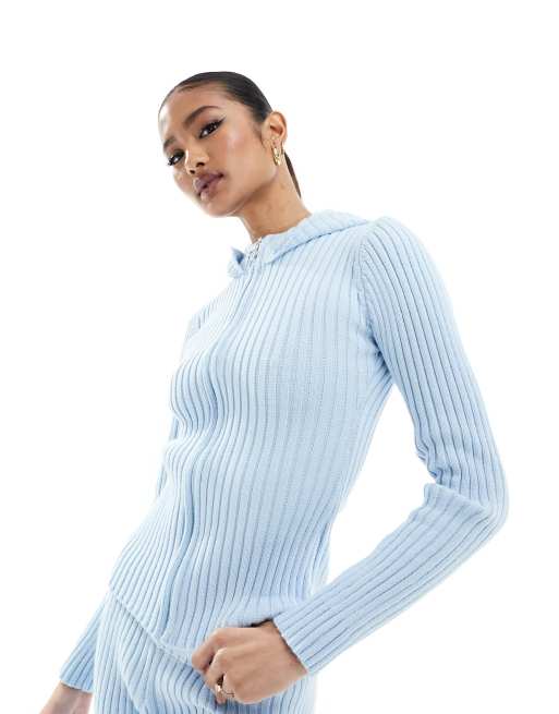 Fashionkilla knitted zip through hoodie jumper in light blue (part of a set)