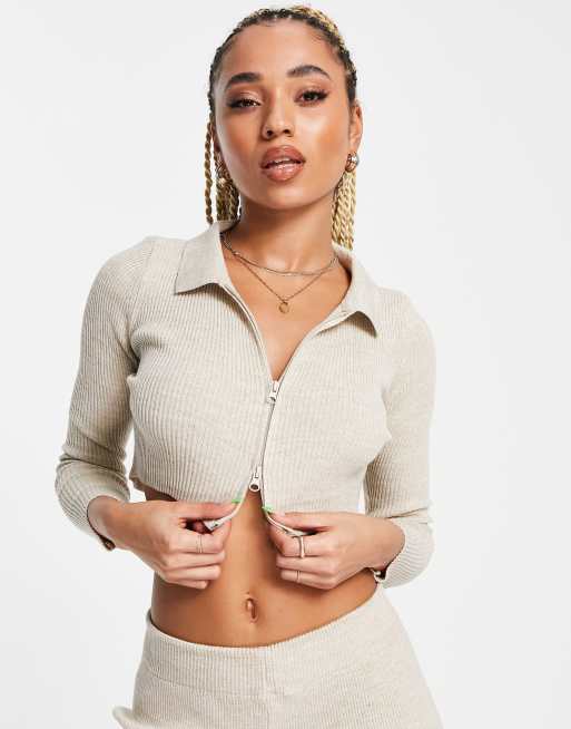 Fashionkilla knitted zip top co ord in ecru, 3 of 4