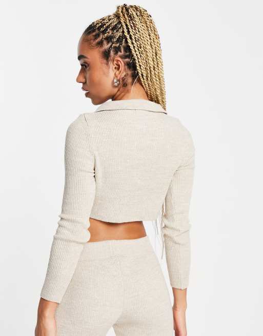 Fashionkilla knitted zip top co ord in ecru, 4 of 4
