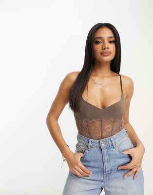 Fashionkilla Lace Corset Bodysuit In Light Brown-neutral