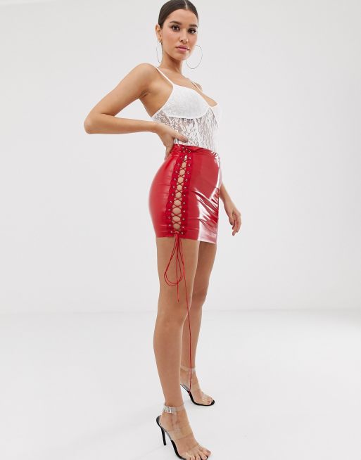 High waisted clearance red vinyl skirt