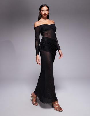 Fashionkilla - Langärmliges Maxikleid aus glitzerndem transparentem Netzstoff in Schwarz mit gerafften Einsatz