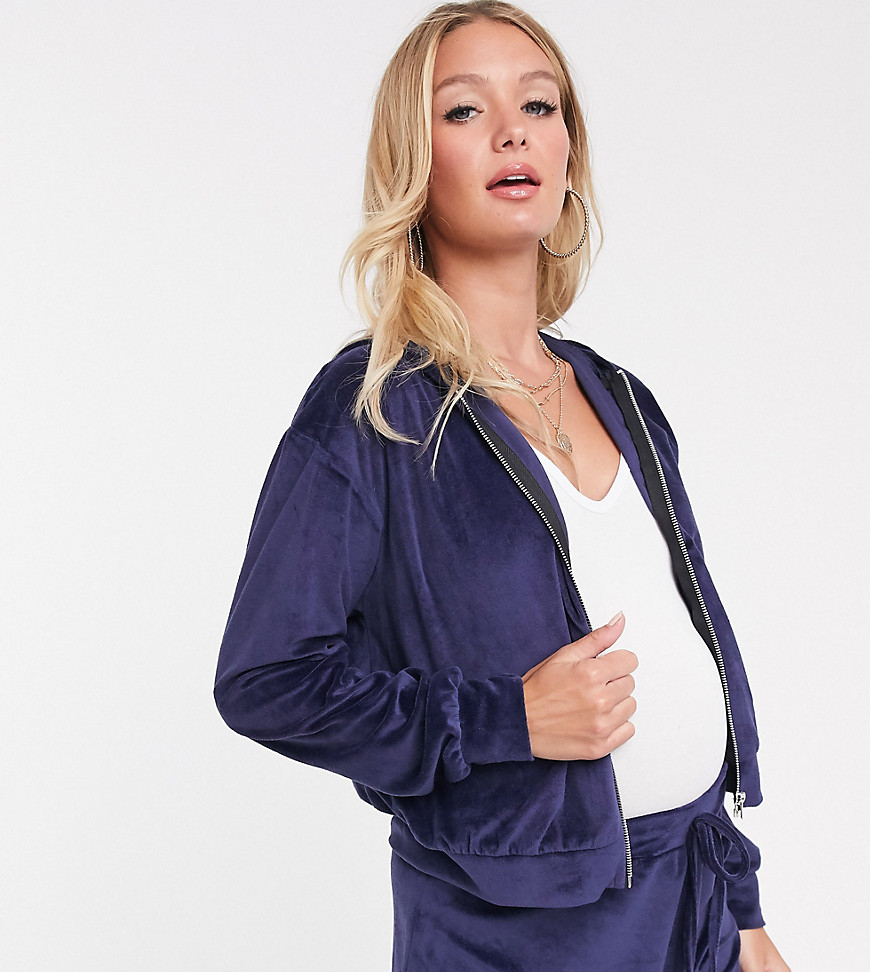 Fashionkilla Maternity - Cropped fluwelen hoodie met rits in marineblauw-Beige