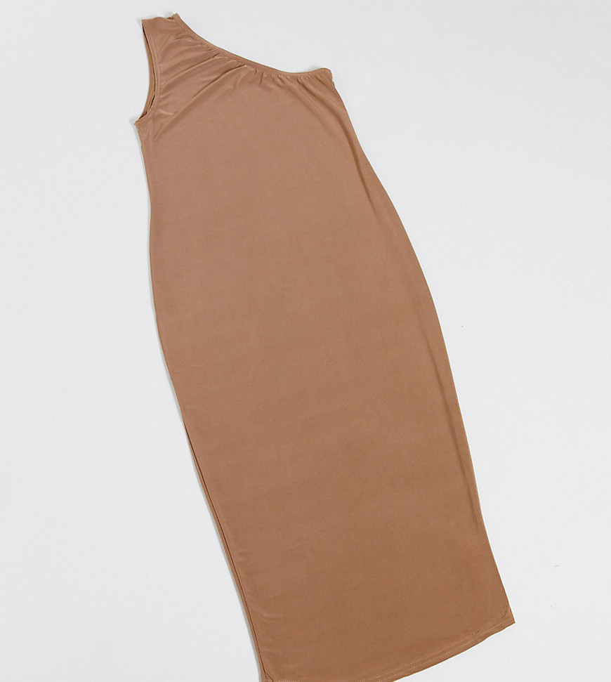Fashionkilla Maternity going out one shoulder midi dress in camel-Beige