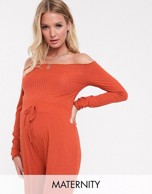 Fashionkilla Maternity ribbed off shoulder frill top in rust