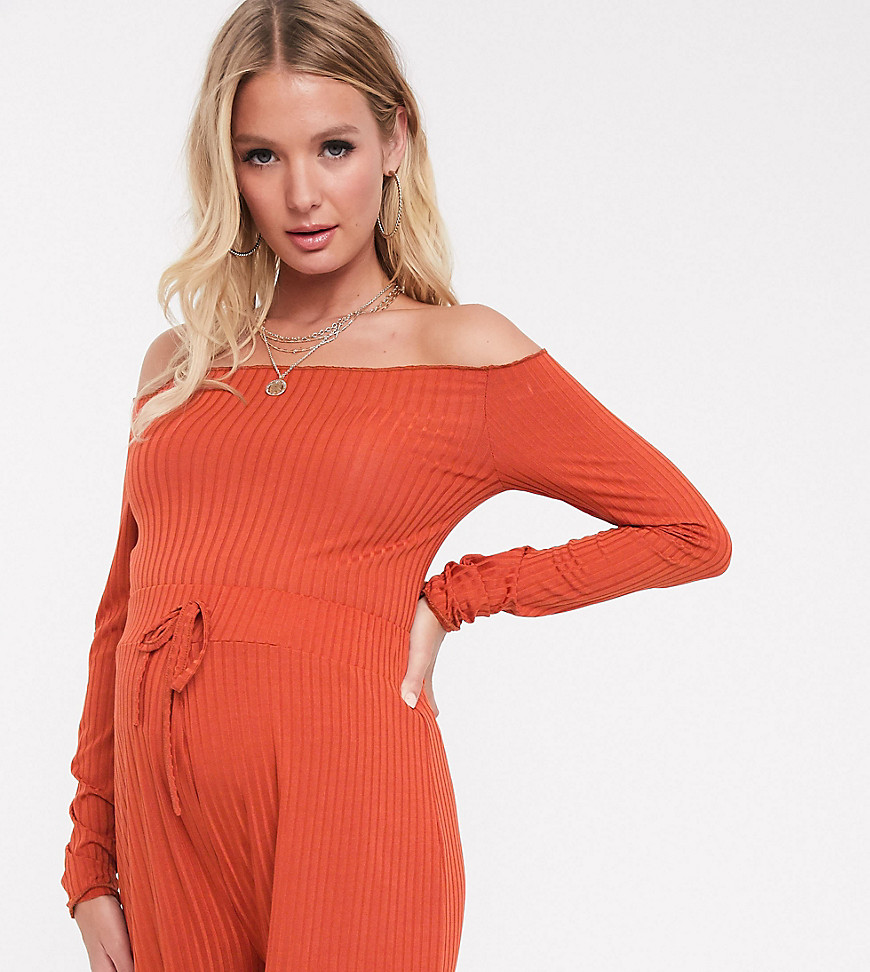 Fashionkilla Maternity ribbed off shoulder frill top in rust-Red