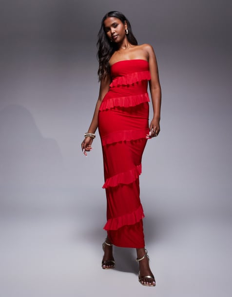 Fashionkilla - Maxi bandeau-jurk van gladde gelaagde stof met ruches in rood - view 1