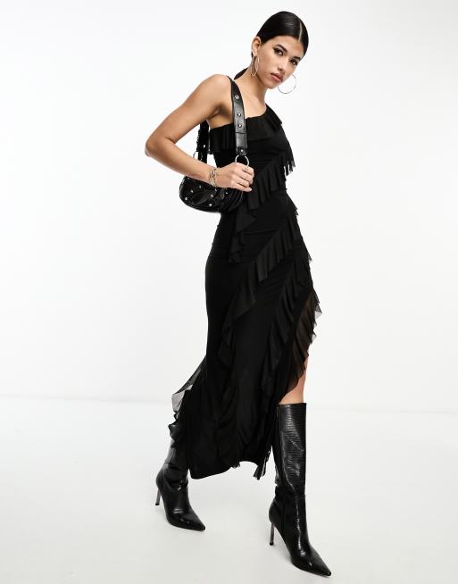 Fashionkilla - Maxi-jurk met blote schouder, ruches aan de zoom en split in zwart