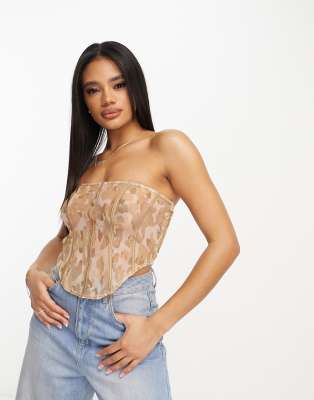 Fashionkilla Mesh Corset Top In Beige Animal Print-multi