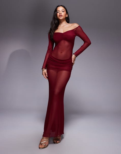 Fashionkilla mesh long sleeve sheer insert ruched detail maxi dress in burgundy - view 1