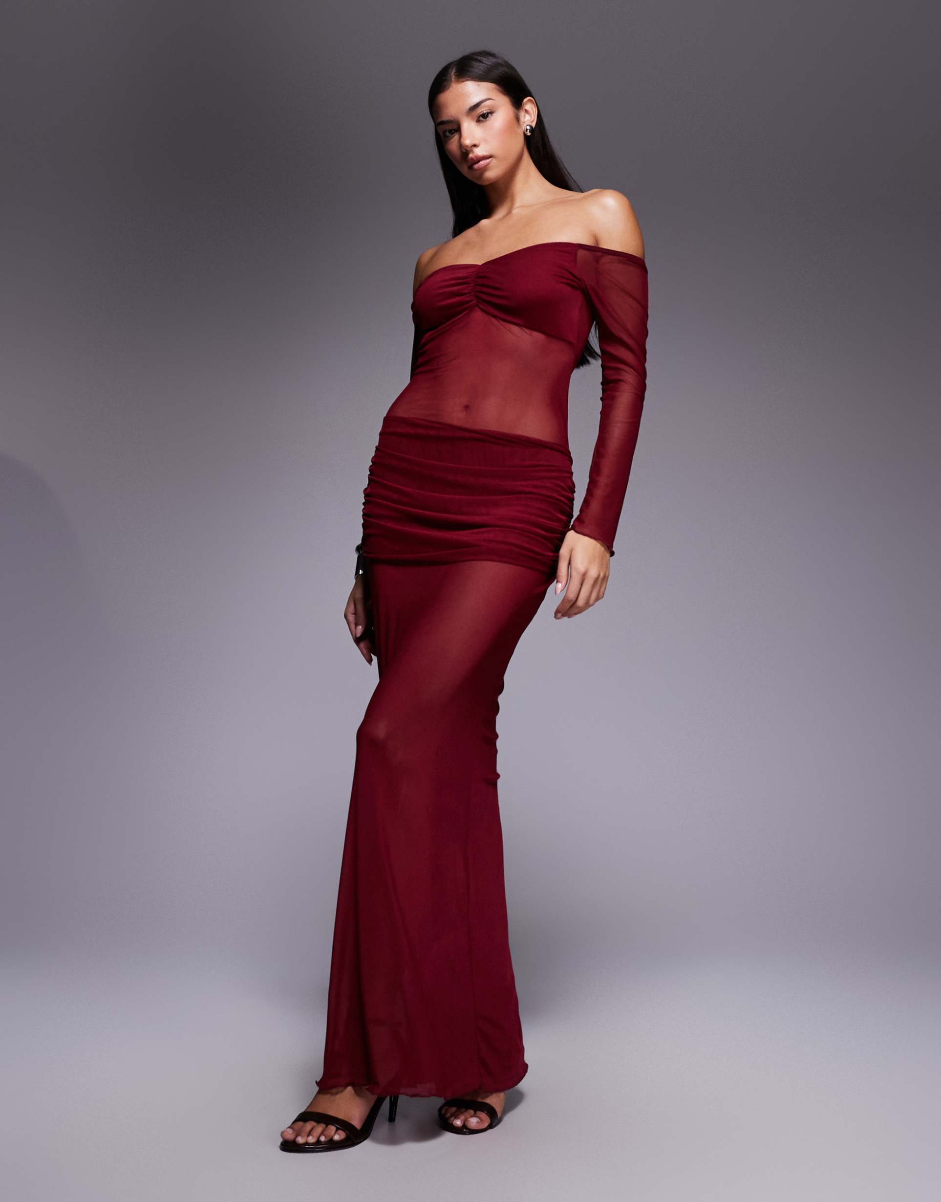 fashionkilla mesh long sleeve sheer inserts ruched detailing maxi dress in burgundy