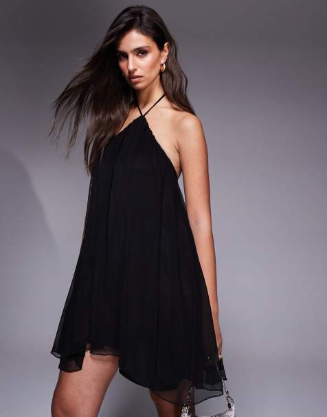 Fashionkilla mesh overlay halterneck tiered babydoll mini dress in black