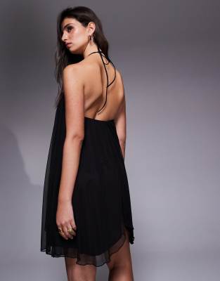 Fashionkilla Mesh Overlay Halterneck Tiered Babydoll Mini Dress In Black