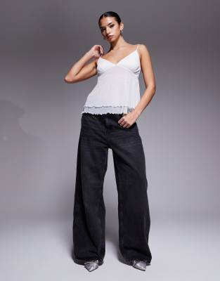 Fashionkilla Mesh Overlay Lettuce Edge Hem Cami Peplum Top In White