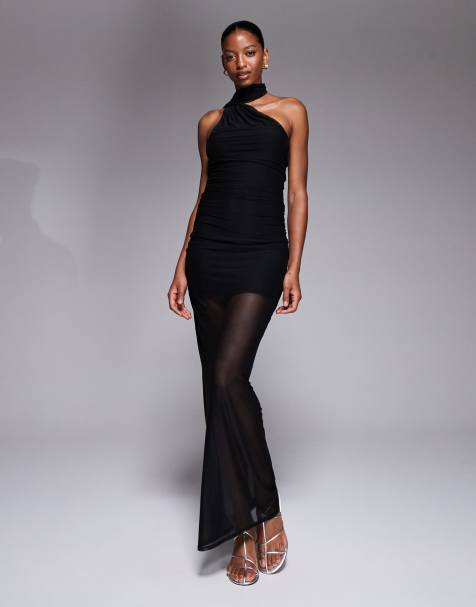 Fashionkilla mesh overlay neck tie detail sheer hem maxi dress in black - view 1