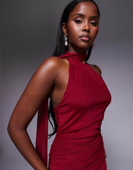 Fashionkilla mesh overlay neck tie detail sheer hem maxi dress in