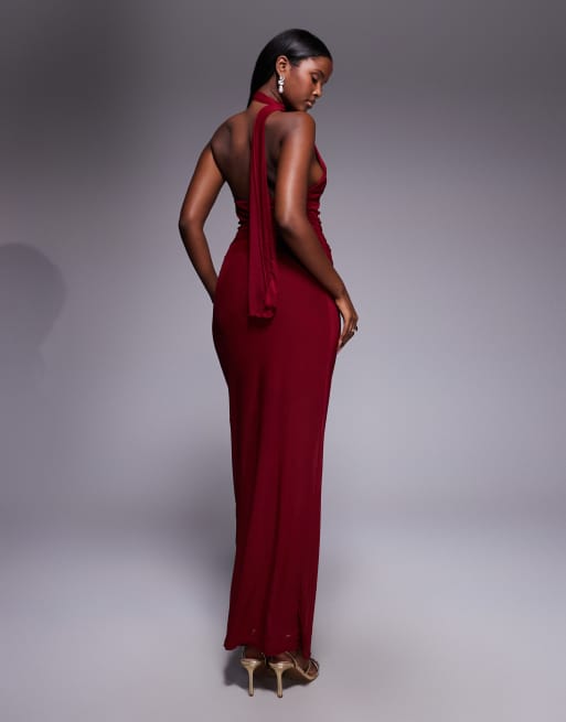 burgundy lace overlay dress Lace Mesh Fashionkilla Mesh Overlay Neck Tie Detail Sheer Hem Maxi Dress In while draped skirt and Signature Retro Pieces Halter Pearl Embellished Maxi Size:9 Drawer