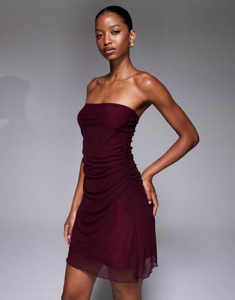 Fashionkilla mesh overlay ruched waist bandeau mini dress in plum - view 1
