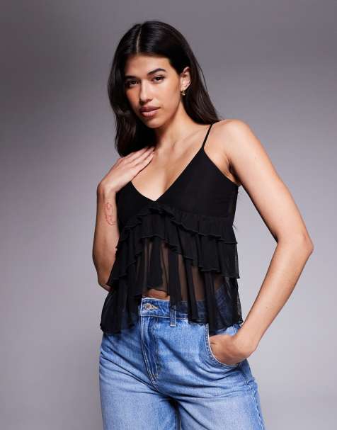 Fashionkilla mesh tiered frill front cami top in black - view 1