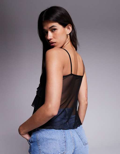 Fashionkilla mesh tiered frill front cami top in black, 2 of 4