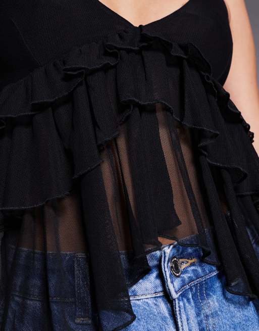 Fashionkilla mesh tiered frill front cami top in black, 3 of 4
