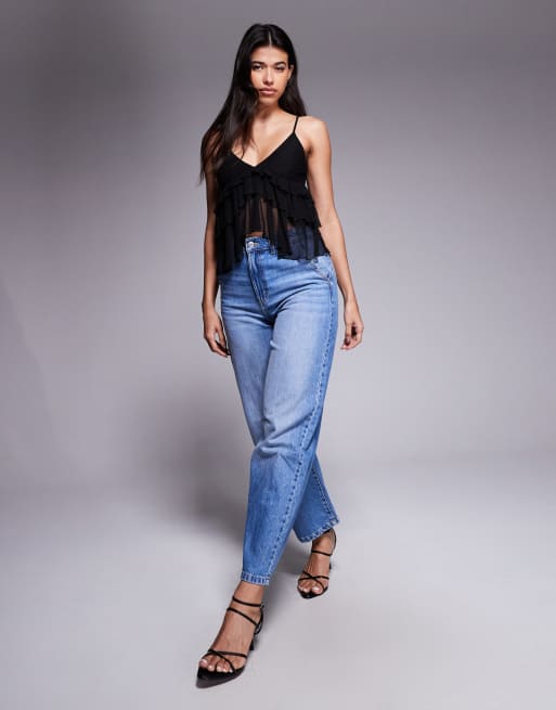Fashionkilla mesh tiered frill front cami top in black, 4 of 4