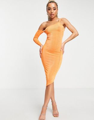 Fashionkilla One Shoulder Strappy Back Midi Dress In Orange