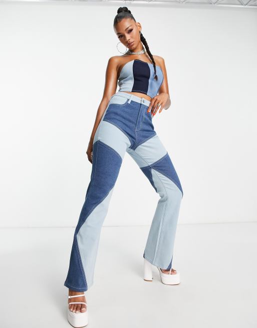 Fashionkilla – Panelsydda, blå, utsvängda jeans i 90-talsstil 