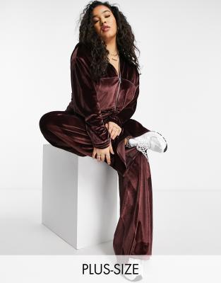 Fashionkilla Plus exclusive velour wide leg trouser co ord in chocolate-Brown