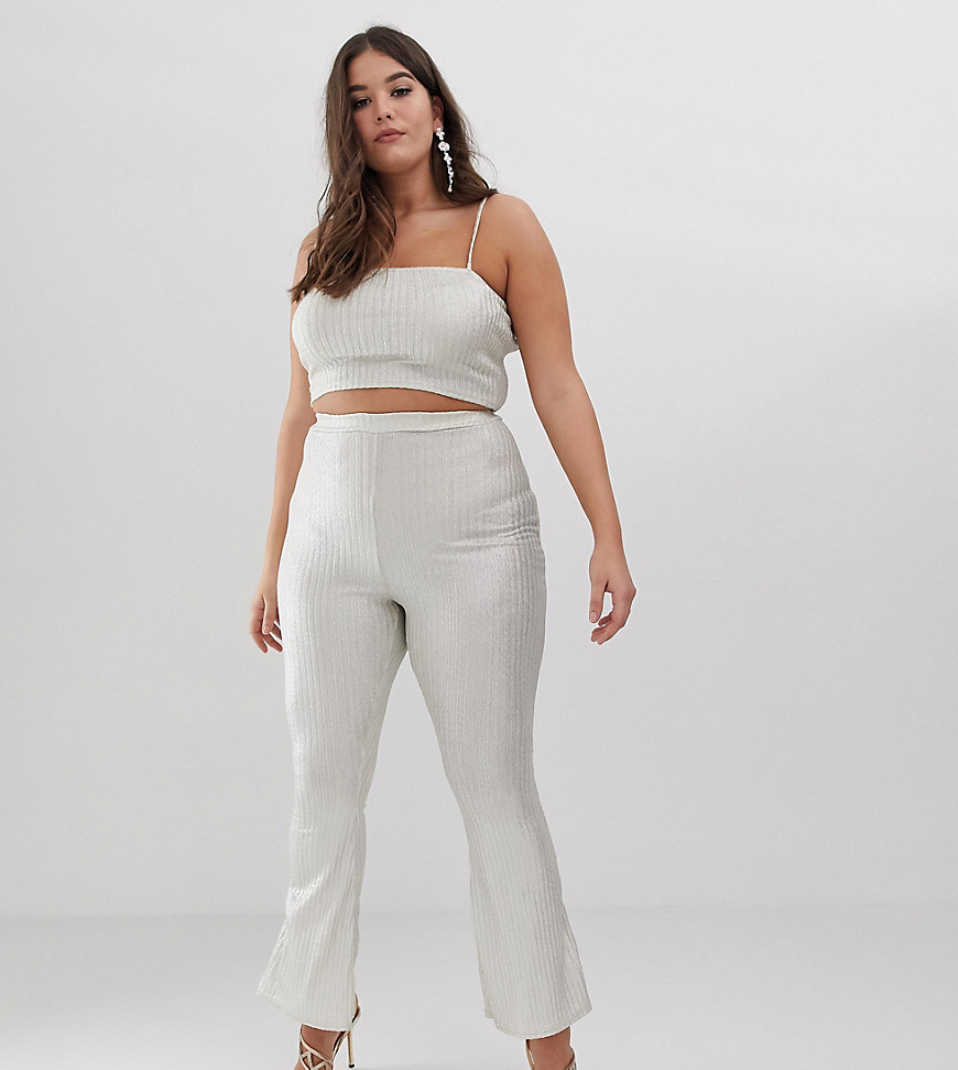 Plus-size trousers by Fashionkilla Part of a co-ord set For a matchy-matchy look Sparkly finish High rise Flared fit Cut with a slim leg that flares at the knee