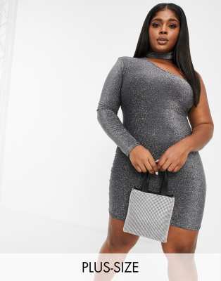 Fashionkilla Plus glitter choker detail one shoulder mini dress in silver