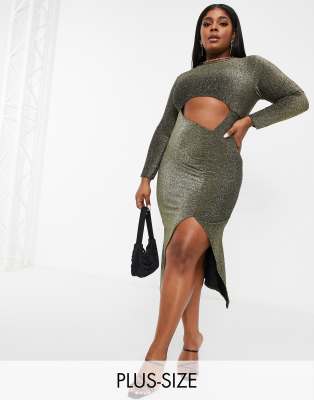 Fashionkilla Plus glitter cut out long sleeve midi dress in gold