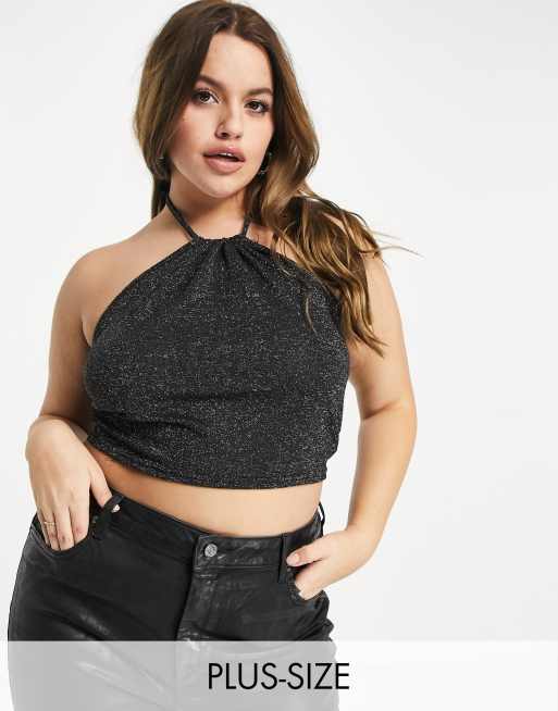 Fashionkilla Plus glitter halterneck longline scarf crop top in