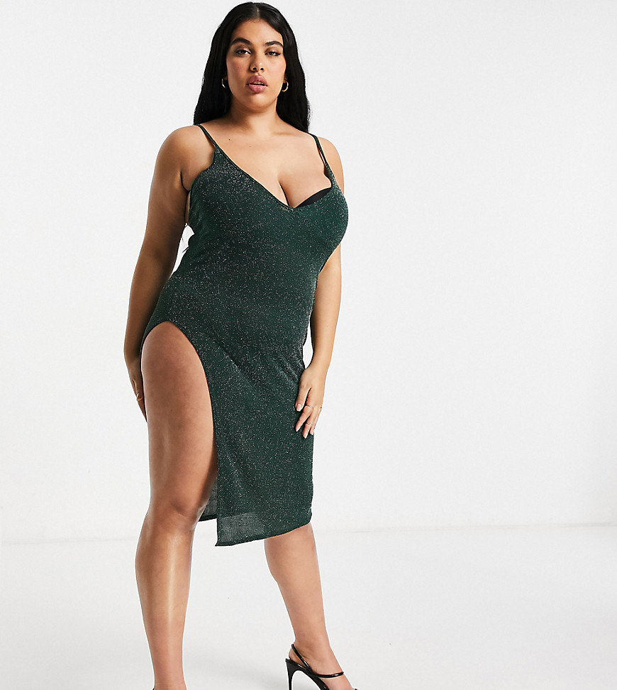 Fashionkilla Plus glitter plunge front cami midi dress with high thigh slit in emerald green
