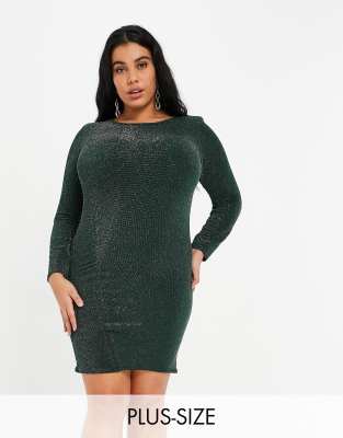 Fashionkilla Plus Fashionkilla Plus glitter ruched front mini dress with shoulder pads in emerald green