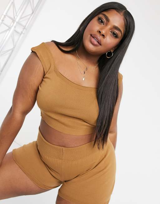 Fashionkilla Plus - Kamelbrun strikket built up-croptop, 4 af 4