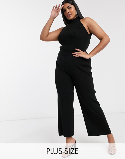 Fashionkilla Plus knitted flare trouser co ord in black
