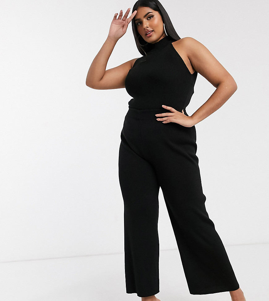 Fashionkilla Plus knitted flare trouser co ord in black