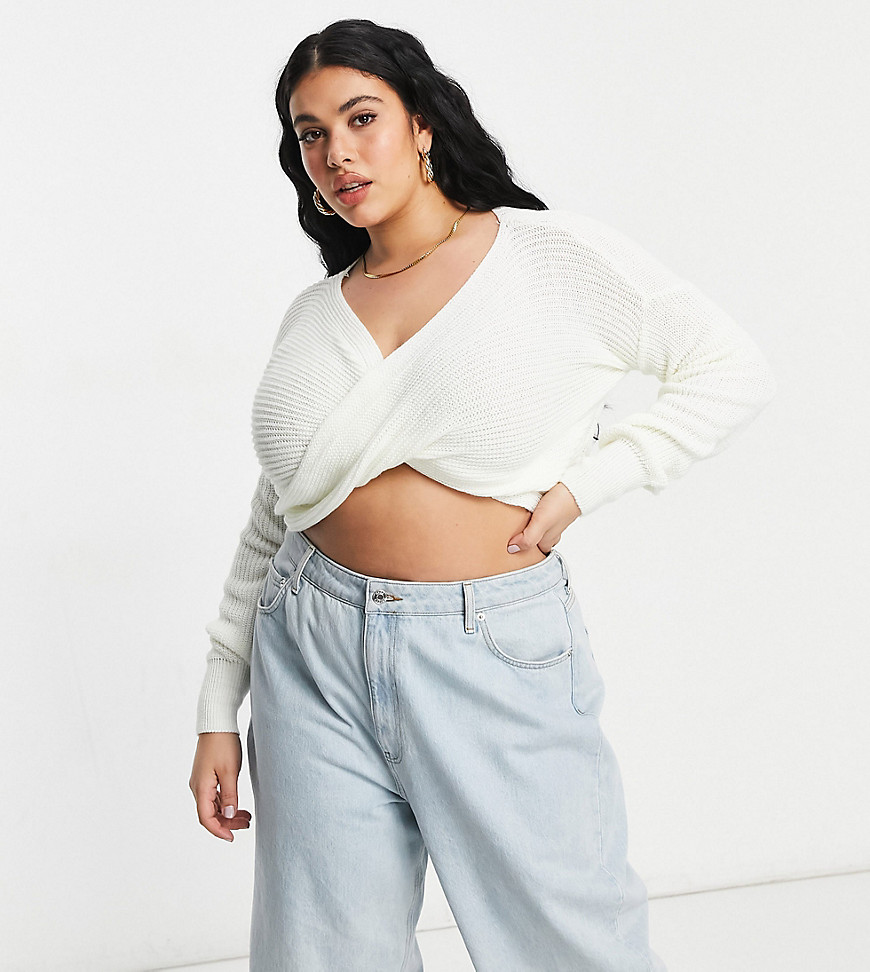 Fashionkilla Plus Knitted Knot Front Sweater In Cream-white