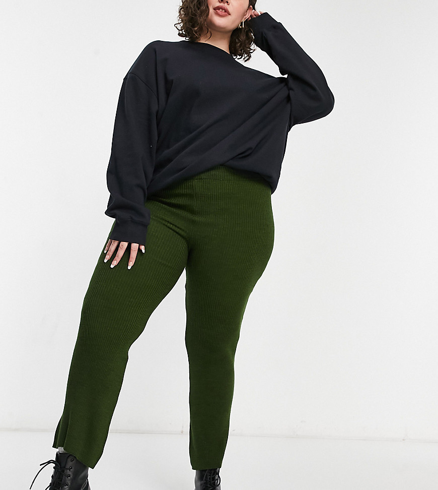 Fashionkilla Plus Knitted Wide Leg Pant In Khaki-green