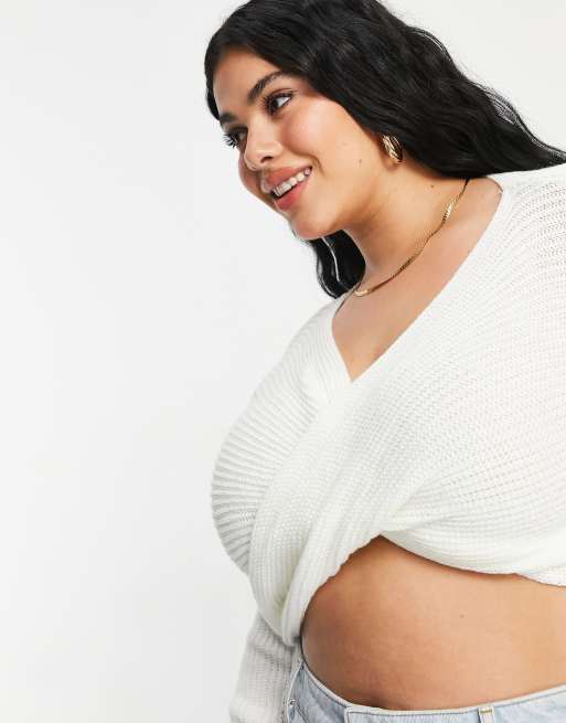 Fashionkilla Plus – Strickpullover mit Knoten vorne in Creme, 3 von 4