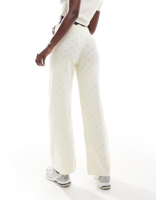 Fashionkilla Pointelle Foldover Waist Wide Leg Pants In Ivory - Part Of A Set-white